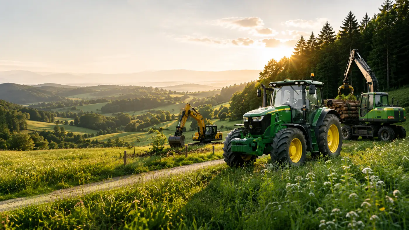 Landmaschinen auf einer grünen Wiese bei Sonnenuntergang